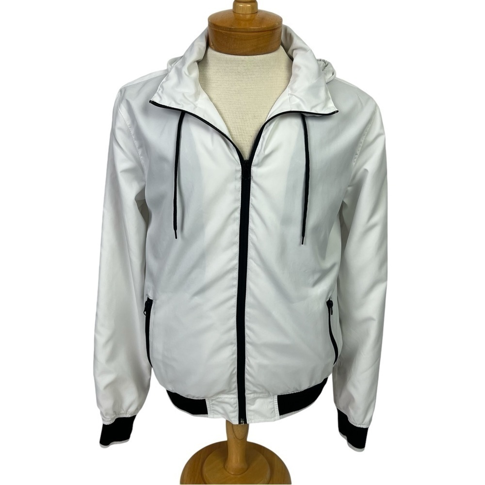 21 Men’s Full Zip Lightweight Jacket Sz Medium White Drawstring Hood W/Hide Zip - Picture 3 of 11